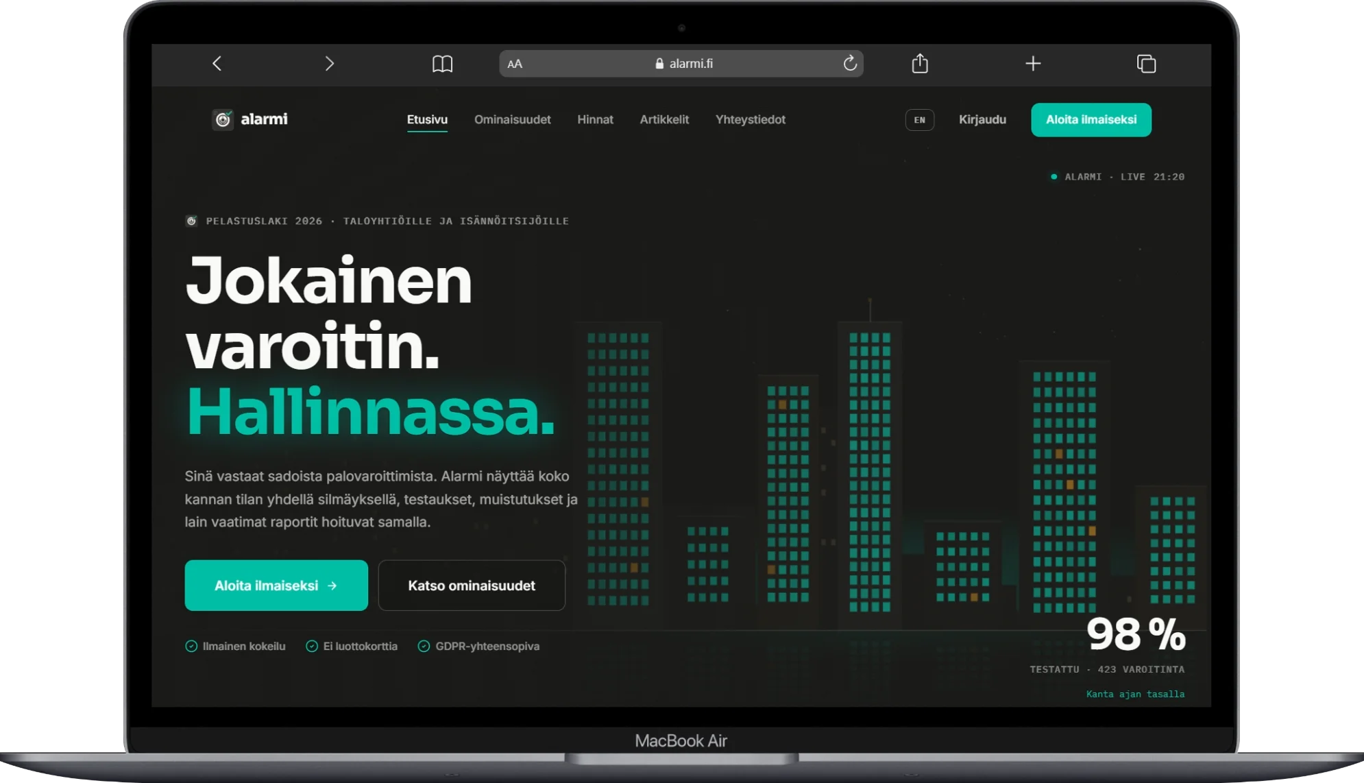 Alarmi.fi avattuna tietokoneen selaimessa
