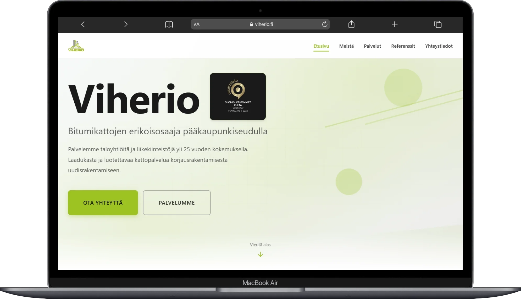 Viherio.fi avattuna tietokoneen selaimessa