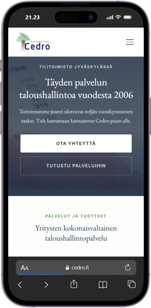 Cedro.fi mobiilinäkymässä